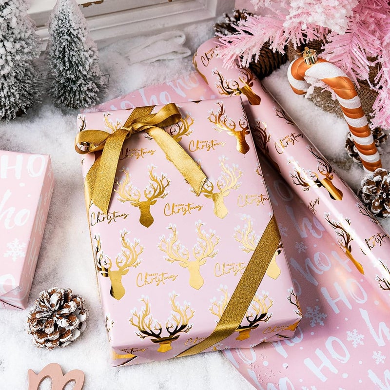 Yarcony Christmas Wrapping Paper, Girly Pink Wrapping Paper, Reversible Elegant Pink and Gold Reindeer Girl Christmas Gift Wrap with Metallic Shine for Winter Holiday (Mini Roll, 17 Inch X 33 Feet) - Image 5